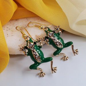 Gold Earring Frog Jewelry Green Lucky Charm Frogs Crystals